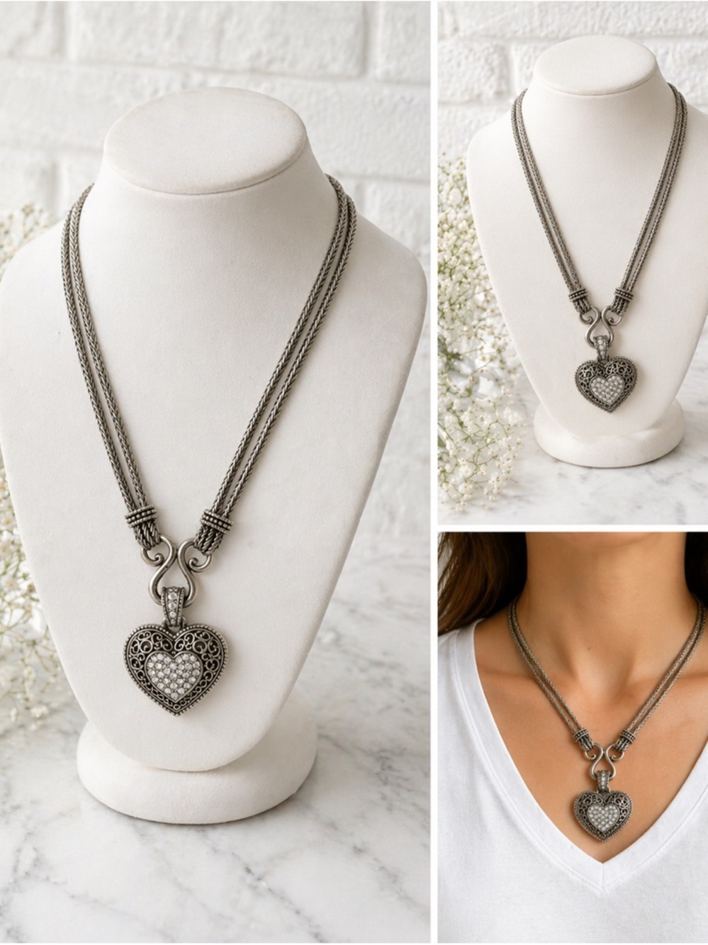 Lia Sophia “Love Dust” Silver-Tone Filigree Heart Pendant Statement Necklace - Picture 2 of 5